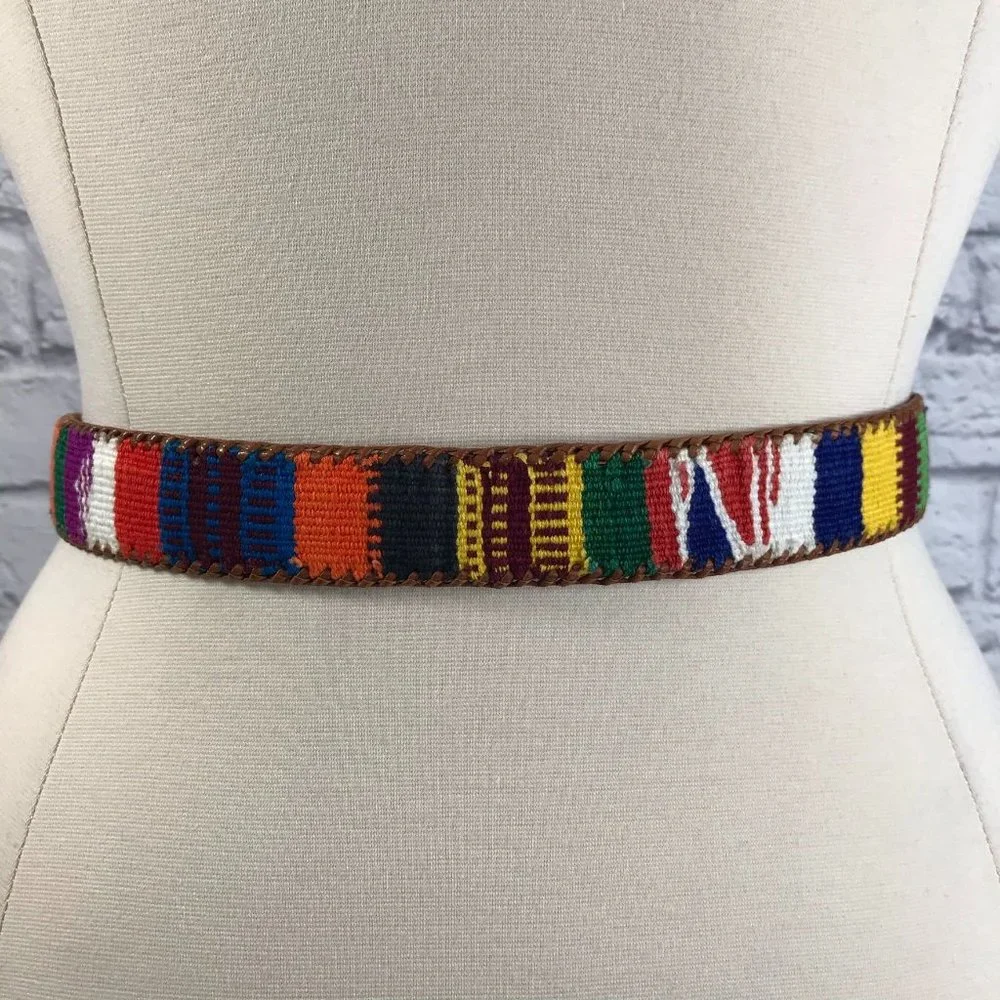 Vintage Leather Cotton Multi Color Belt Size XL Southwestern Style 2v1-84